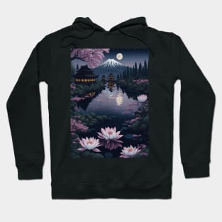 Serene Mount Fuji Sunset - Peaceful River Scenery - Lotus Flowers Hoodie